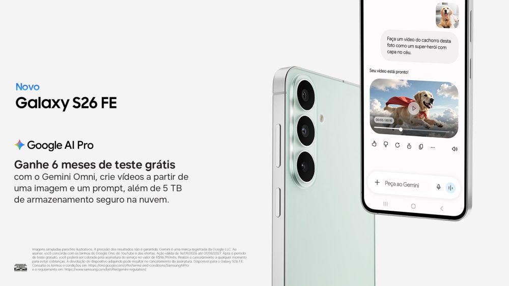 Galaxy S26 FE exibindo na tela um vídeo de cachorro criado com inteligência artificial a partir de uma imagem e um comando de texto, acompanhado da oferta de seis meses de teste gratuito do Google AI Pro.