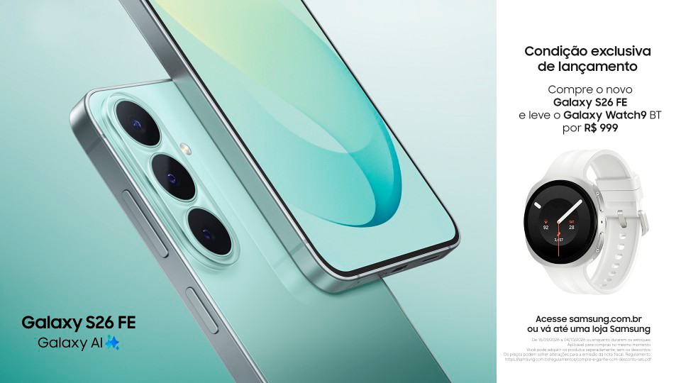 Galaxy S26 FE na cor Verde Pistache, mostrado pela frente e pela traseira, ao lado de um Galaxy Watch9 BT branco e da comunicação de condição exclusiva de lançamento.