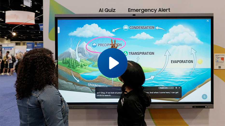 Duas pessoas acompanham uma demonstração em display interativo Samsung com conteúdo sobre o ciclo da água, enquanto uma delas destaca a palavra “Precipitation” na tela; um ícone de reprodução aparece sobre a imagem.