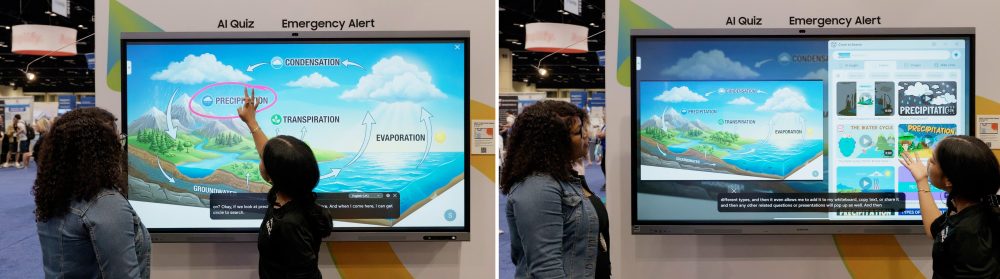 Duas pessoas diante de um display interativo Samsung durante demonstração de conteúdo sobre o ciclo da água; uma delas circula a palavra “Precipitation” na tela para realizar uma busca.