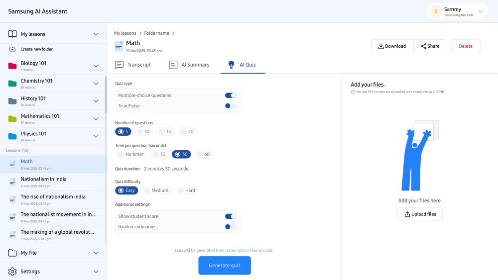 Interface do Samsung AI Assistant mostra a configuração de um AI Quiz, com opções para tipo e quantidade de perguntas, tempo por questão, nível de dificuldade, exibição da pontuação e upload de arquivos.