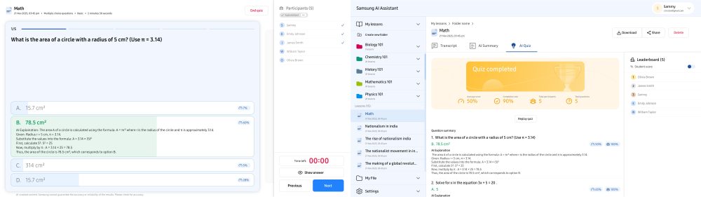 Tela de resultado de um quiz de matemática criado pelo Samsung AI Assistant, com uma questão sobre a área de um círculo, alternativas de resposta, indicação da opção correta e explicação gerada por AI.