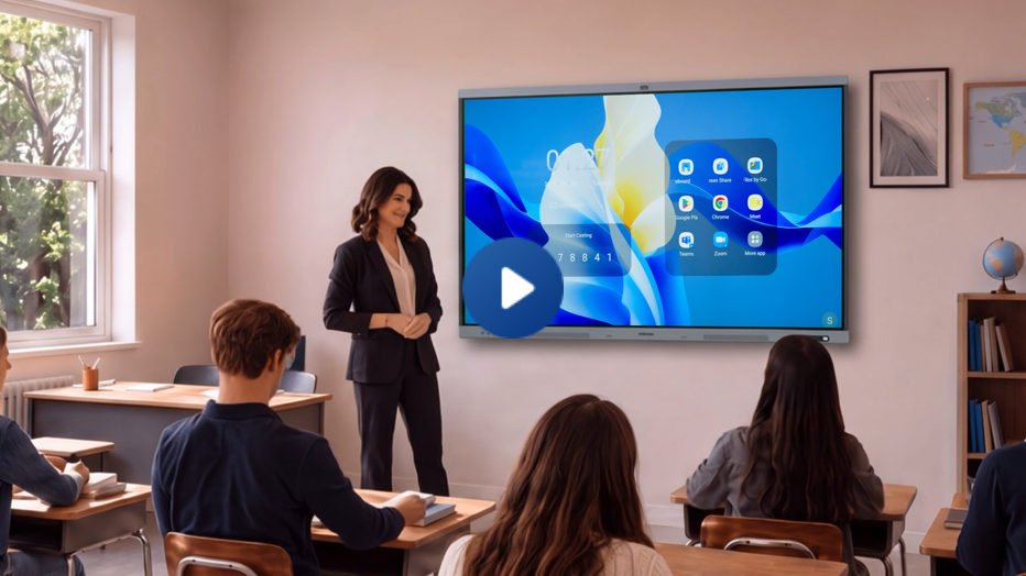 Professora diante de um Samsung Interactive Display em sala de aula, enquanto estudantes acompanham a apresentação; na tela, aparecem aplicativos e recursos de acesso rápido do ambiente personalizado Samsung AMS.