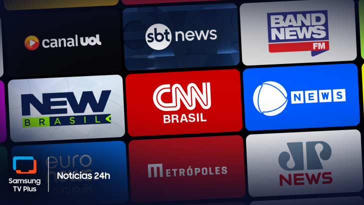 Imagem exibindo grade de canais de notícias do Samsung TV Plus, com logotipos de Canal UOL, SBT News, BandNews FM, New Brasil, CNN Brasil, Jovem Pan News, EuroNews 24h e Metrópoles.