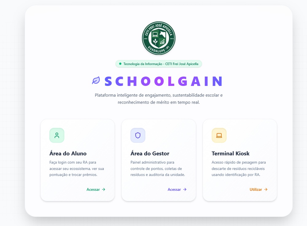 Print da interface do projeto SchoolGain, semifinalista do Solve for Tomorrow Brasil