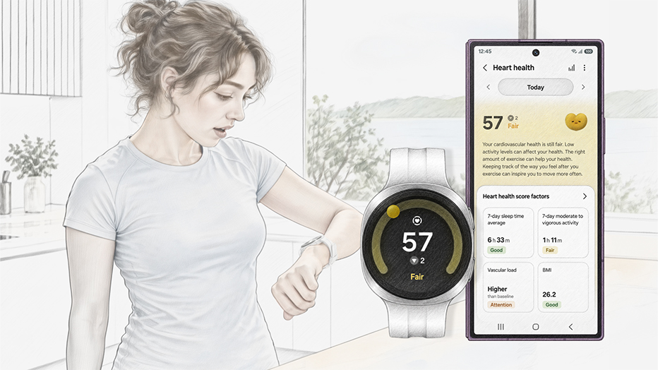 Ilustração de uma mulher olhando para o relógio no pulso. Ao lado, um Samsung Galaxy Watch9 e um smartphone Galaxy que mostram dados de saúde.