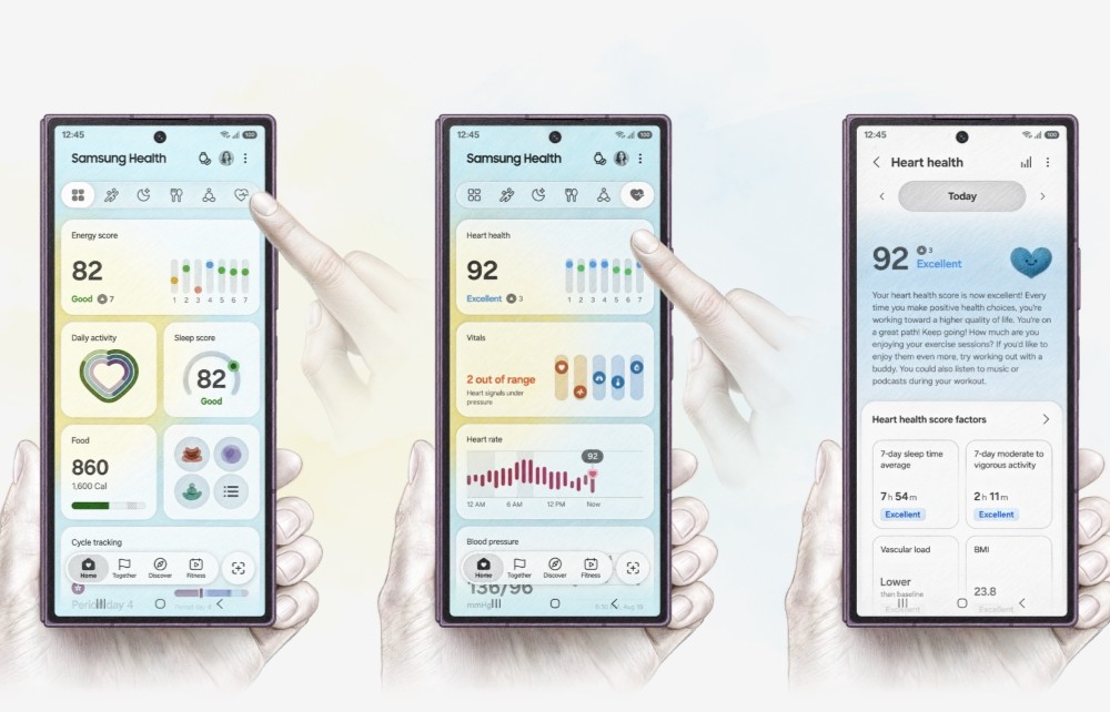 Ilustração que mostra o recurso Pontuação de saúde do coração do Samsung Galaxy Watch9 em três smartphones Samsung Galaxy.