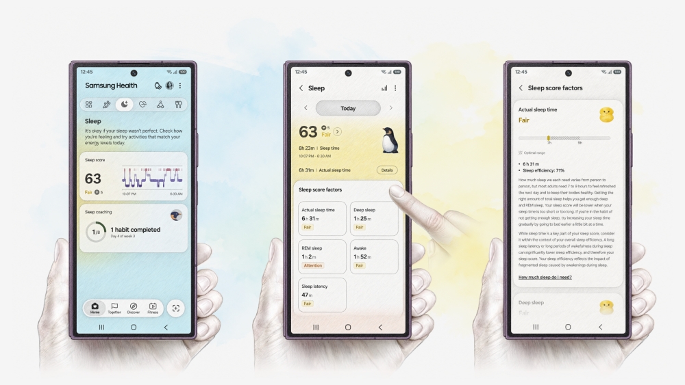 Ilustrações com três smartphones Samsung Galaxy exibindo dados de saúde no aplicativo Samsung Health.