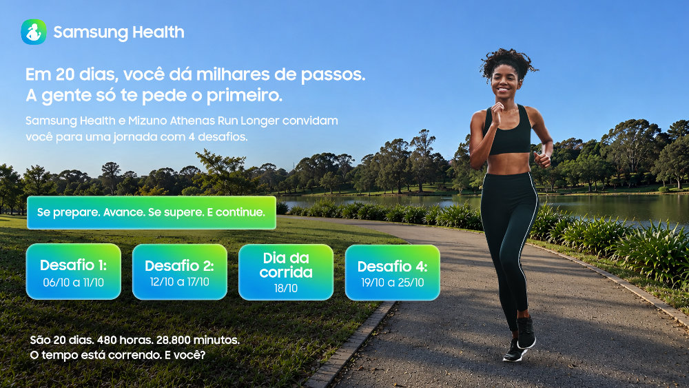Arte do Samsung Health com uma corredora em um parque e informações sobre quatro desafios da Mizuno Athenas Run Longer: 35 mil passos de 6 a 11 de outubro, 50 mil passos de 12 a 17 de outubro, desafio no dia da corrida, em 18 de outubro, e 35 mil passos de 19 a 25 de outubro.