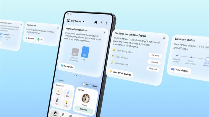 A imagem mostra um celular Samsung mostrando a nova plataforma SmartThings Now