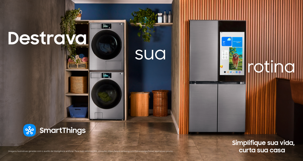 A imagem traz os dizerem "Destrava sua Rotina" em branco, misturados a eletrodomésticos da Samsung