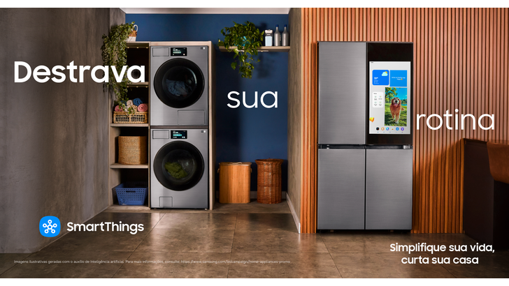 A imagem traz os dizerem "Destrava sua Rotina" em branco, misturados a eletrodomésticos da Samsung