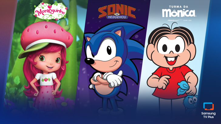 Imagem da grade de programação do Samsung TV Plus dividida em três áreas verticais. À esquerda, aparece a personagem Moranguinho, menina de cabelos cor-de-rosa usando um chapéu em formato de morango. Ao centro está Sonic, ouriço azul de desenho animado, de braços cruzados. À direita aparece Mônica, personagem da Turma da Mônica, usando vestido vermelho e segurando seu coelho de pelúcia azul, Sansão. Os logotipos de Moranguinho, Sonic e Turma da Mônica aparecem acima de cada personagem. No canto inferior direito está o logotipo do Samsung TV Plus.