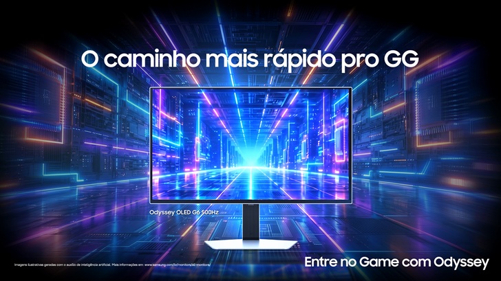 Banner da Samsung para o BRAT 2026, com um monitor em destaque em um cenário futurista com iluminação neon azul, roxa e rosa. A imagem traz as frases “O caminho mais rápido pro GG” e “Entre no Game com Odyssey”.