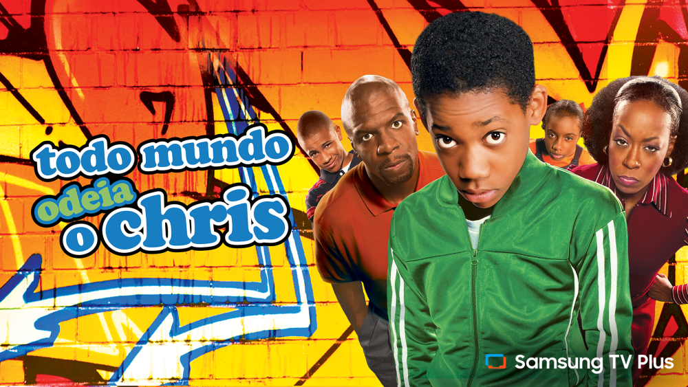 Pôster de Todo Mundo Odeia o Chris com personagens principais em fundo colorido vibrante com padrão de tijolos e logotipo do Samsung TV Plus.