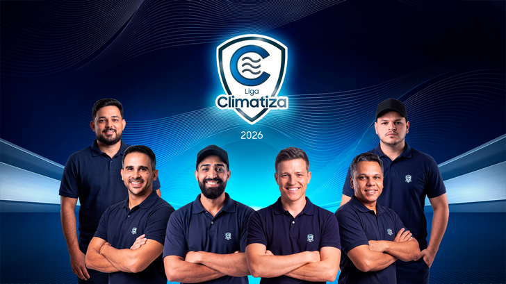 Participantes da Liga Climatiza 2026 da Samsung posam sob a logo do reality show em fundo preto.