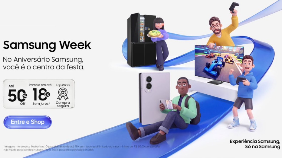 Imagem ilustrativa da Samsung Week, que mostra vários bonecos segurando produtos Samsung