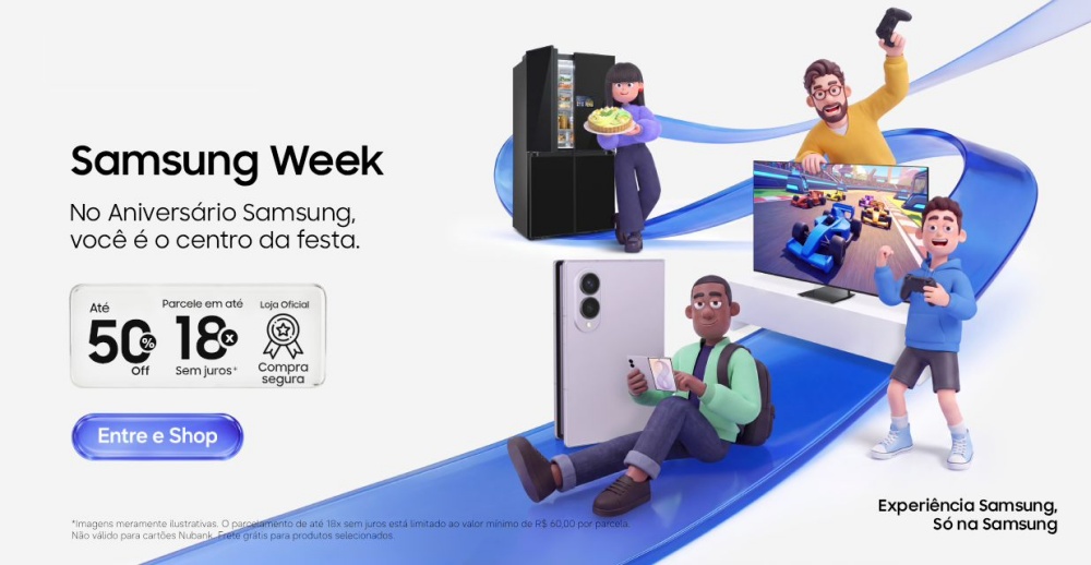 Imagem ilustrativa da Samsung Week, que mostra vários bonecos segurando produtos Samsung