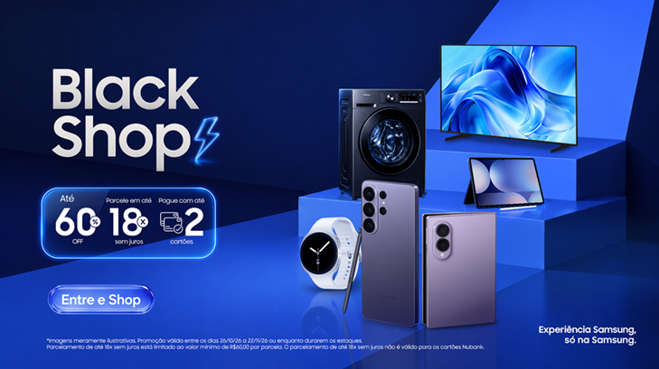 Imagem promocional com smartphones, tablet, TV, lava e seca e relógio da Samsung em fundo azul com a mensagem 'Black Shop'