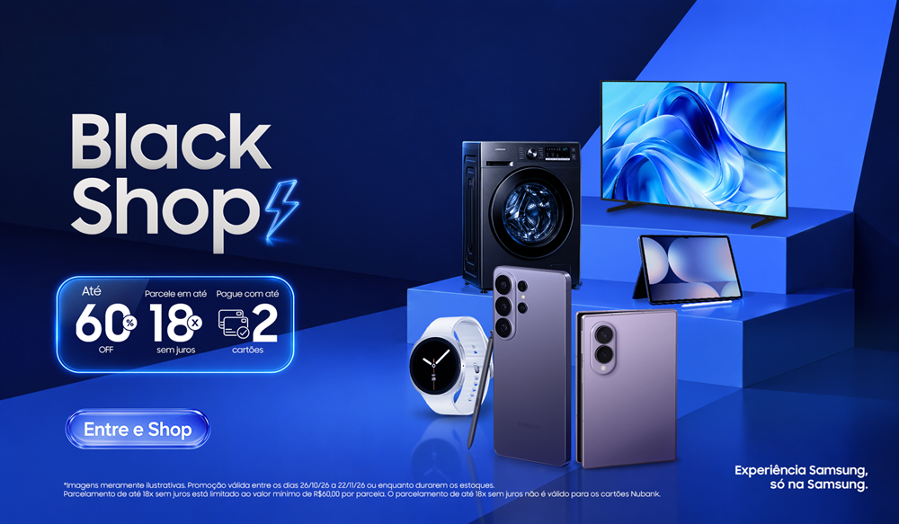 Imagem promocional com smartphones, tablet, TV, lava e seca e relógio da Samsung em fundo azul com a mensagem 'Black Shop'