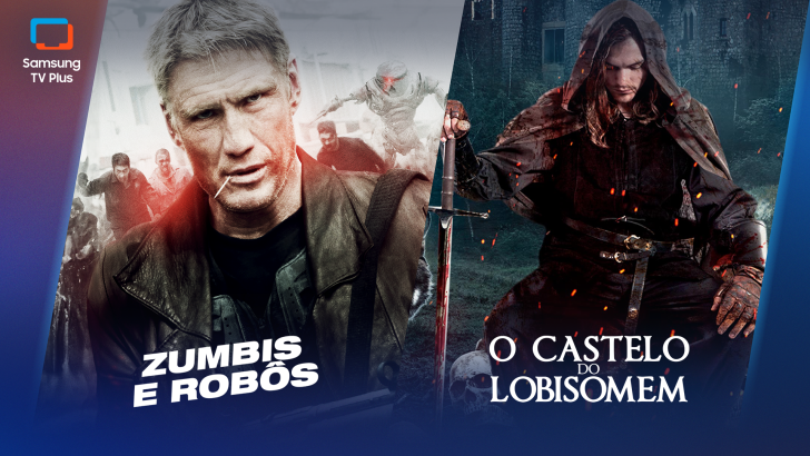 Imagem promocional do Samsung TV Plus dividida em duas partes. À esquerda, aparece um homem de cabelos grisalhos usando jaqueta escura, com figuras semelhantes a zumbis ao fundo, representando o filme Zumbis e Robôs. À direita, um homem de cabelos compridos, vestido com capa de capuz e armadura medieval, segura uma espada diante de um castelo sombrio, representando O Castelo do Lobisomem. Os títulos dos filmes aparecem em letras brancas na parte inferior de cada imagem, e o logotipo do Samsung TV Plus está no canto superior esquerdo.