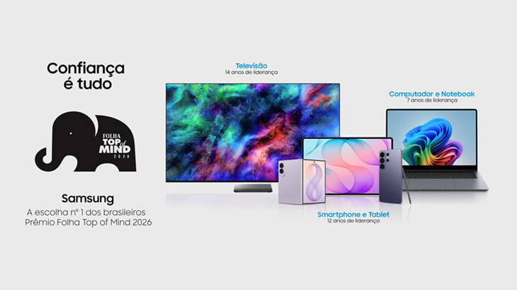 Logotipo do Prêmio Top of Mind ao lado de TV, tablet, notebook e smartphone Samsung em fundo claro
