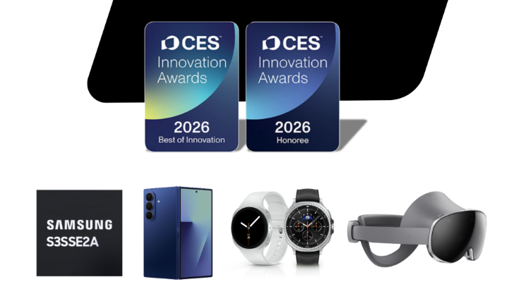 Zwei CES Innovation Awards 2026 und darunter Chips, Smartphone, Smartwatches und VR-Brille.