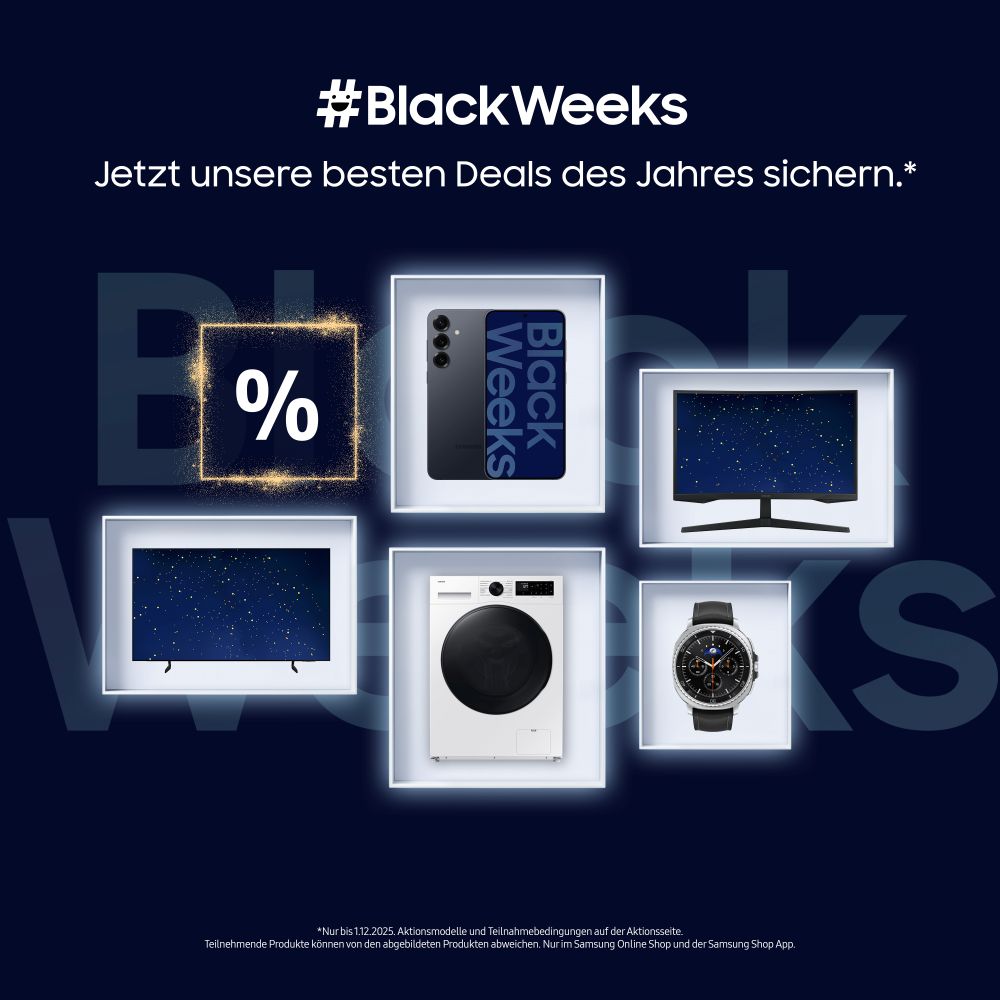 Black-Weeks-Werbegrafik mit Prozent-Symbol und mehreren Technikprodukten wie Smartphone, TV, Monitor, Waschmaschine und Smartwatch.