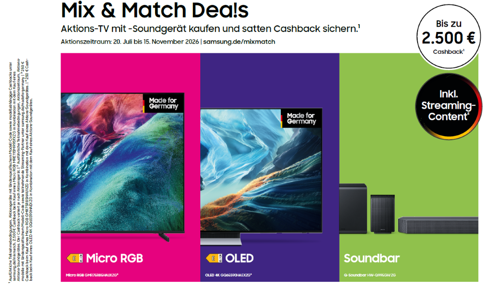Samsung bewirbt die Mix & Match Deals 2026 für Smart TVs und Soundbars. Die Aktion umfasst ausgewählte OLED-, Micro RGB- und Q-Soundbar-Modelle und bietet bis zu 2.500 Euro Cashback sowie Streaming-Content beim Kauf kompatibler Produkte