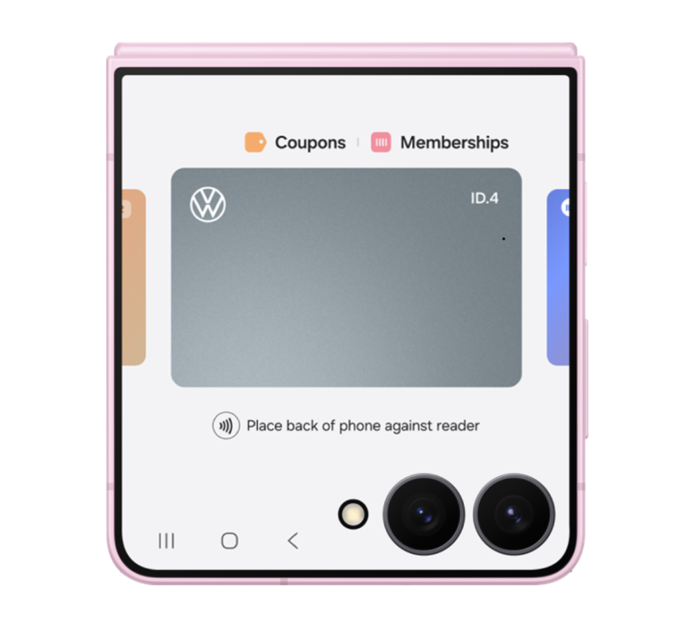 Das Front-Display des Samsung Galaxy Z Flip8 zeigt eine Karte mit Volkswagen- Logo und der
Modellbezeichnung ID.4.