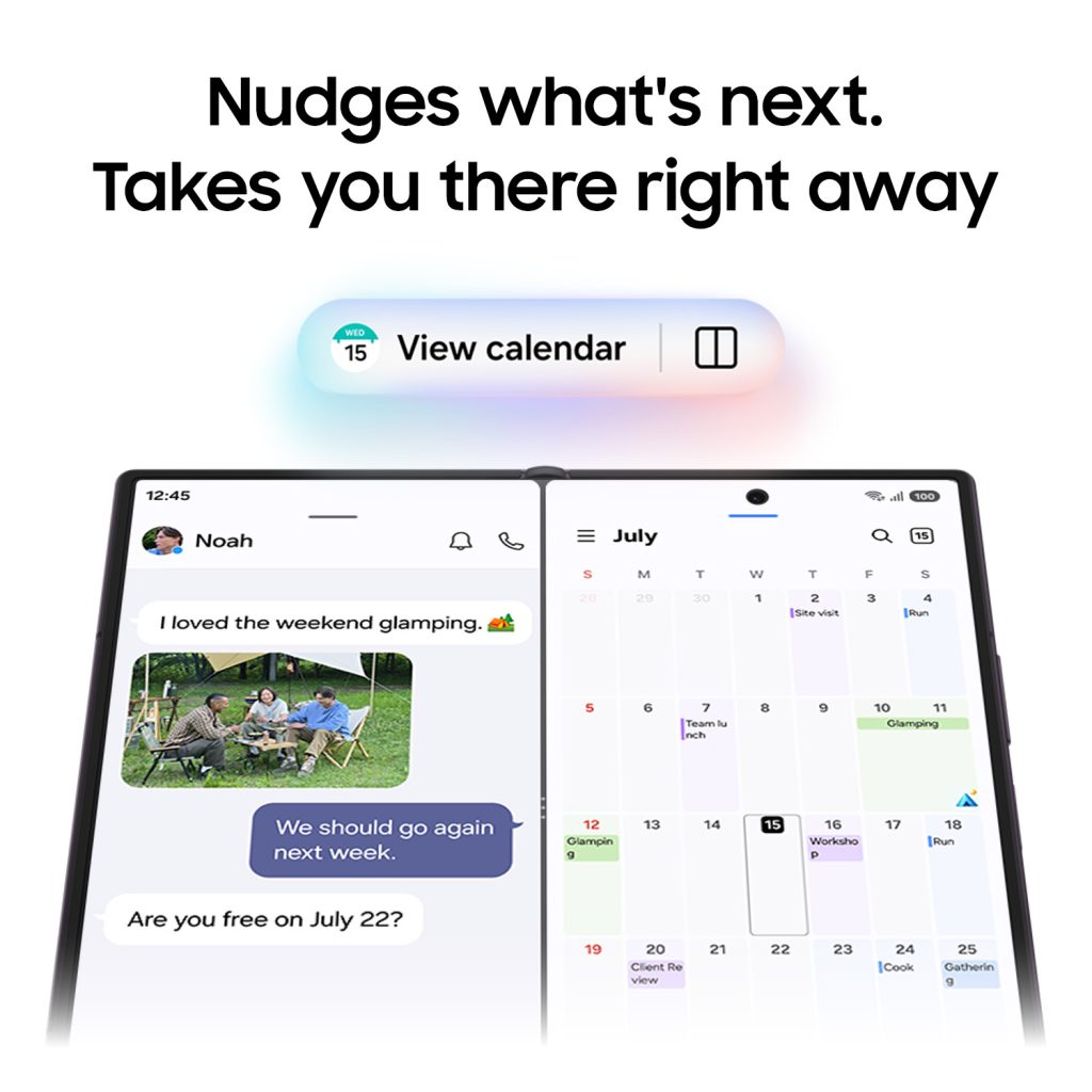 Ein aufgeklapptes Samsung Galaxy Z Fold8 Ultra zeigt in der geteilten Bildschirmansicht links eine Chat-Konversation und rechts den Kalender.