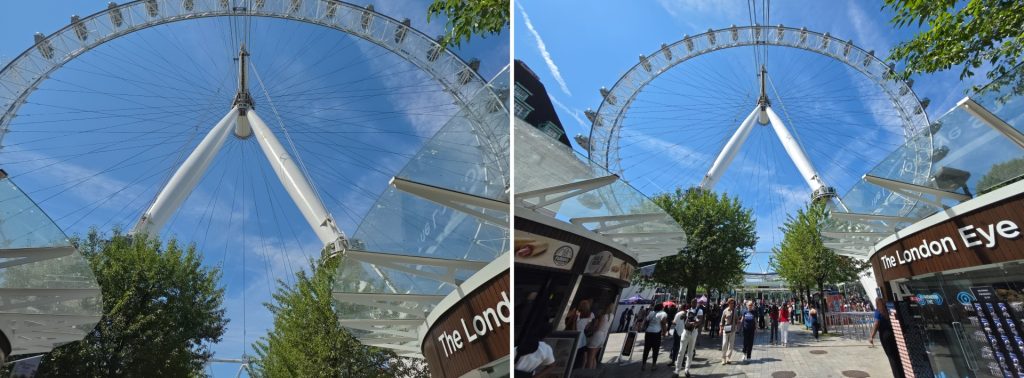 Zwei nebeneinander angeordnete Fotos des London Eye, links mit der Hauptkamera und rechts mit der 50-MP-Ultraweitwinkelkamera des Galaxy Z Fold8 Ultra aufgenommen.