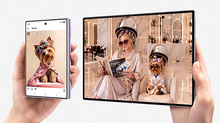 Das Galaxy Z Fold8 zugeklappt und aufgeklappt: Frontdisplay mit einem Instagram-Post, Hauptdisplay mit einem Foto aus dem Friseursalon.