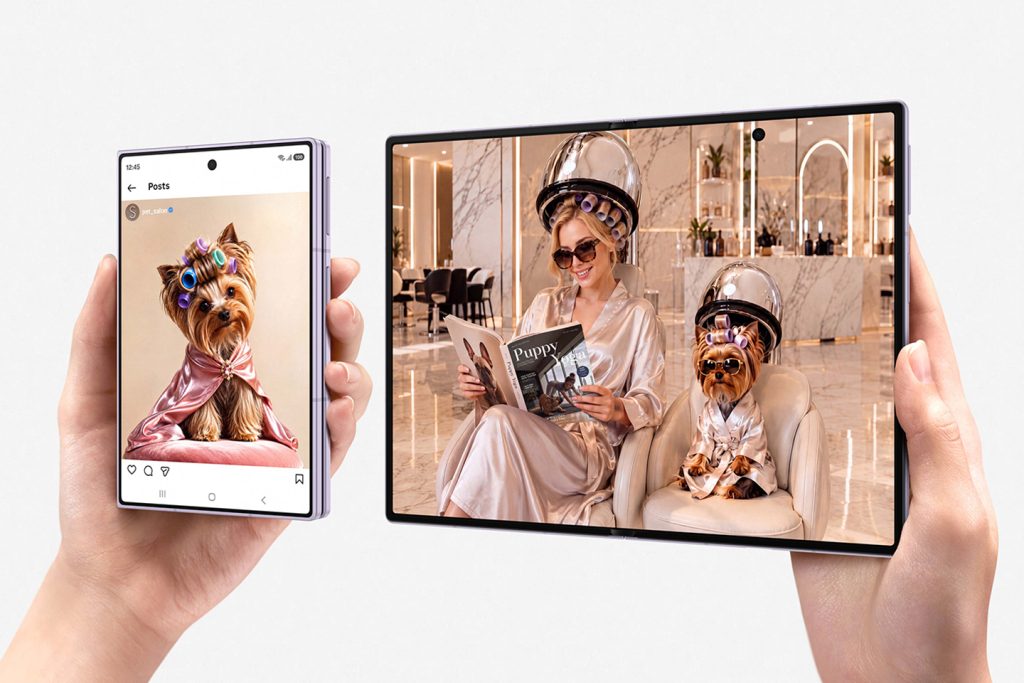 Das Galaxy Z Fold8 zugeklappt und aufgeklappt: Frontdisplay mit einem Instagram-Post, Hauptdisplay mit einem Foto aus dem Friseursalon.