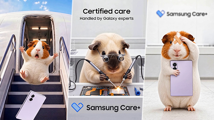 Drei animierte Meerschweinchen illustrieren typische Schadensszenarien und die anschließende Reparatur durch Samsung Care+.