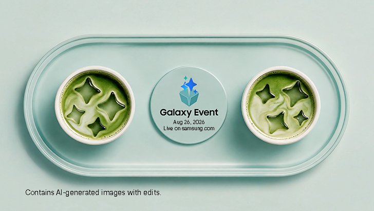 Ansicht eines ovalen, türkisfarbenen Tablettes mitsamt zwei Schalen Grüntee mit je vier Eiswürfeln sowie einem runden Button mit der Aufschrift: „Galaxy Event, Aug. 27, 2026 | Live on samsung.com.