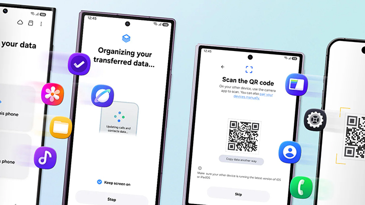 Galaxy Z Fold8 Ultra, Galaxy Z Fold8 und Galaxy Z Flip8 mit QR-Code für die Einrichtung über Smart Switch.