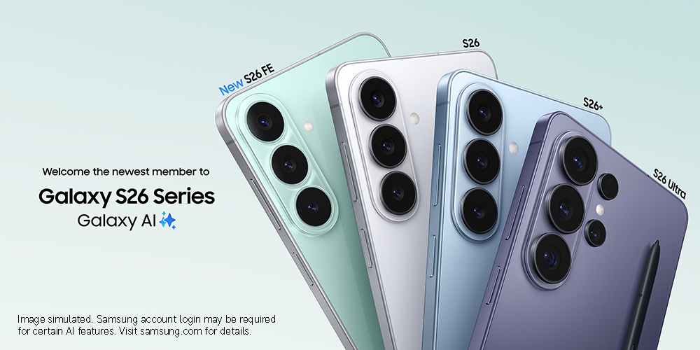 Produktbild der Samsung Galaxy S26-Serie mit Galaxy S26 FE, Galaxy S26, Galaxy S26+ und Galaxy S26 Ultra auf hellem Hintergrund. Das neue Galaxy S26 FE ist hervorgehoben.