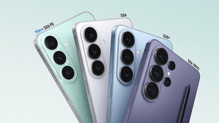 Produktbild der Samsung Galaxy S26-Serie mit Galaxy S26 FE, Galaxy S26, Galaxy S26+ und Galaxy S26 Ultra auf hellem Hintergrund. Das neue Galaxy S26 FE ist hervorgehoben.