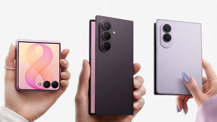 Die drei neuen, faltbaren Smartphones von Samsung in aufgeklapptem Zustand (v.l.): Galaxy Z Flip8, Galaxy Z Fold8 Ultra und Galaxy Z Fold8.