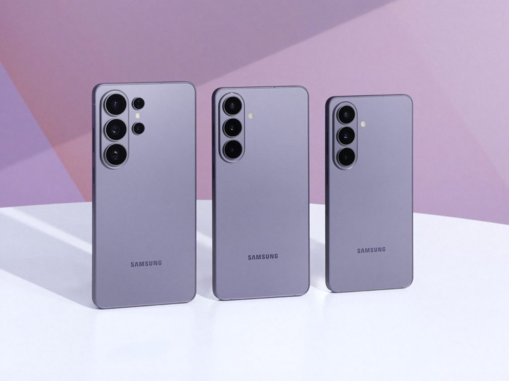 Die neue Samsung Galaxy S26-Serie in der Farbe Cobalt Violet nebeneinander aufgestellt: Galaxy S26 Ultra, Galaxy S26+ und Galaxy S26 (von links)