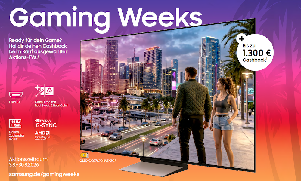 Samsung bewirbt die Gaming Weeks 2026 und bietet für ausgewählte Gaming-TVs und bis zu 1.300 Euro Cashback sowie Streaming-Content beim Kauf kompatibler Produkte