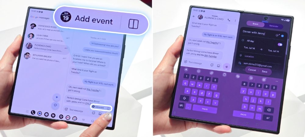 Galaxy Z Fold8 Ultra im Multi-Window-Modus mit Now Nudge und Kalender-Vorschlag
