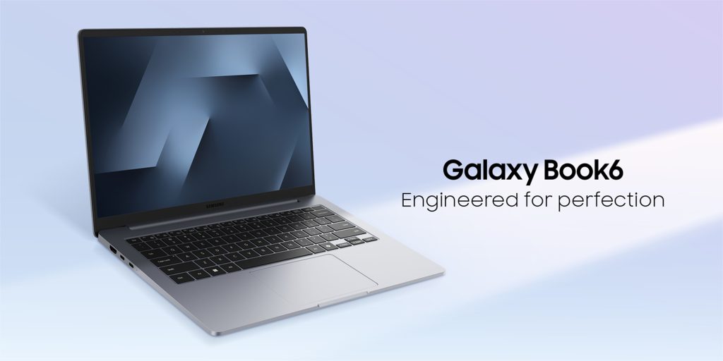 Geöffnetes Galaxy Book6 in silberner Farbgebung vor einem hellblau-violetten Hintergrund. Rechts steht der Schriftzug „Galaxy Book6 – Engineered for perfection“