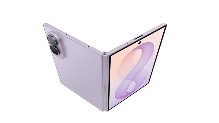Samsung Galaxy Z Fold8 in Lavender, geöffnet mit sichtbarem Hauptdisplay und rückseitiger Dual-Kamera vor weißem Hintergrund. © Samsung Electronics