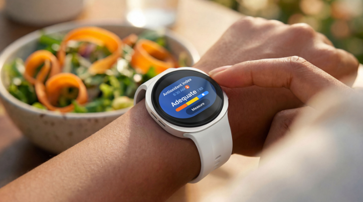 Eine Person hält eine Samsung Galaxy Watch9 am Handgelenk. Auf dem Display ist die Funktion Antioxidantien-Index mit dem Wert 92 und der Bewertung „Adequate" zu sehen. Im Hintergrund steht eine Schüssel mit buntem Salat.