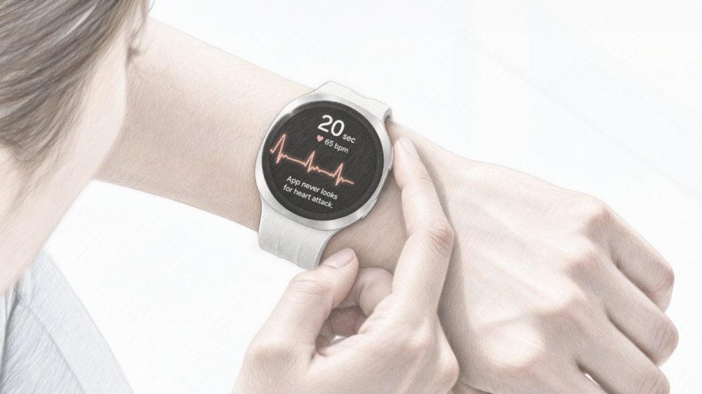 Illustration: Nahaufnahme einer Galaxy Watch am Handgelenk. Auf dem Display ist eine Herzrhythmuskurve zu sehen.