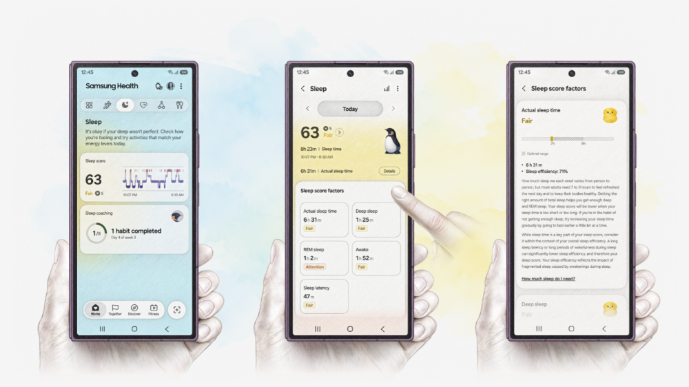 Illustration dreier Smartphone-Screenshots mit Hinweisen von Samsung Health zum Schlaf.