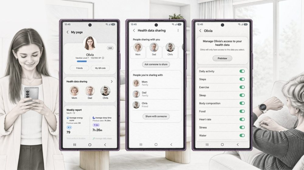 Illustration von Enkelin und Großmutter sowie drei Smartphone-Screenshots mit teilbaren Gesundheitsdaten.
