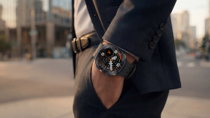 Samsung Galaxy Watch Ultra2 am Handgelenk eines Mannes im Anzug vor urbanem Hintergrund